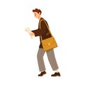 Man Teacher Character with Bag on Shoulder Walking Carrying Paper Vector Illustration