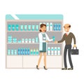 Man Teacher In Pharmacy Choosing And Buying Drugs And Cosmetics, Part Of Set Of Drugstore Scenes With Pharmacists