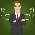 Man teacher, salesman or businessman with chalk healthy strong arm muscles for success