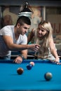 Man Teaching Woman How To Play Pool Royalty Free Stock Photo