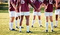 Man, team and holding hands in fitness for sports motivation, collaboration or coordination and goal on field. Group of Royalty Free Stock Photo