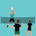 Man team play volley ball in court with net jumping smashing defense sport