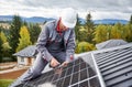 Man technician mounting photovoltaic solar panels on roof of house with help of hex key. Royalty Free Stock Photo