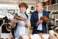 Man and teenage boy choosing dress shoes in shoe boutique