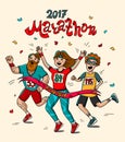 Man, teenager and woman runner cross the finish line. Cartoon style. Marathon 2017. Royalty Free Stock Photo