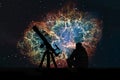 Man with telescope looking at the stars. Crab Nebula Royalty Free Stock Photo