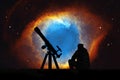 Man with telescope looking at the stars. The Helix Nebula Royalty Free Stock Photo