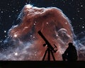 Man with telescope looking at the stars. The Horsehead Nebula Royalty Free Stock Photo