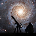 Man with telescope looking at the stars. Messier 74, NGC 628