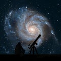 Man with telescope looking at the stars. Pinwheel Galaxy Royalty Free Stock Photo