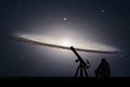 Man with telescope looking at the stars. Sombrero Galaxy M104 Royalty Free Stock Photo