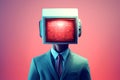 Man with a television set for head on a red background. Concept of media influence, anonymity, information overload