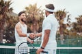 Man, tennis and handshake for partnership, game or match in competition together on the court. Men or friends shaking Royalty Free Stock Photo