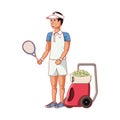 Man tennis playing with ball throwing machine Royalty Free Stock Photo