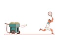 Man tennis playing with ball throwing machine Royalty Free Stock Photo