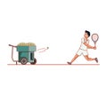 Man tennis playing with ball throwing machine Royalty Free Stock Photo