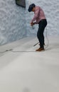 Man testing VR headset baseball experience at vive htc booth in MWC 2019 vertical Royalty Free Stock Photo