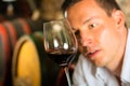 Man testing wine in background barrels