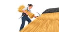 Man thatching roof with straw, traditional construction work Royalty Free Stock Photo