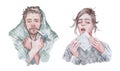 Man with thermometer in his mouth and woman sneezing