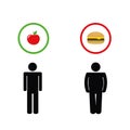 Man think about healthy apple and unhealthy fast food pictogram