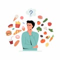 Man think about healthy and unhealthy food. Young man surrounded by fruits and vegetables by one side and fast-food and sweets
