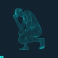 Man in a Thinker Pose. 3D Model of Man. Geometric Design. Human Body Wire Model. Business, Science, Psychology or Philosophy