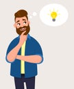 Man thinking for bulb icon or symbol with smile.Idea, innovation or initiation concept. Royalty Free Stock Photo