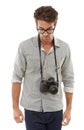 Man, thinking and camera as photographer for idea professional, creativity thoughts or white background. Male person