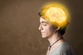 man thinking with glowing brain illustration