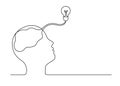 Man thinking and imagination mind idea with lightbulb in his head and brain, continuous single one line drawing. Power