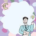 Businessman Thinking Important Informations With Euro Sign And Lightbulb Drawings. Man In Suit Reasoning Crutial