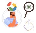 Person Contemplating Ideas with Puzzle Brain, Magnifying Glass, and Pyramid Representation Royalty Free Stock Photo