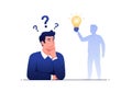 A man is thinking with question marks and a shadow holding a lightbulb Royalty Free Stock Photo