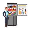 Man thinking snacking sausage at fridge with unhealthy food. People eating at night vector concept Royalty Free Stock Photo