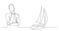 Man thinking about vacation on sailing boat - continuous line drawing