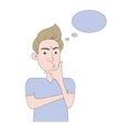 Man thinks by applying a finger to his chin. Thoughtful male with speech bubble above his head. Vector