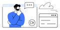 Man in Thought During Virtual Meeting with Chat and Cloud Elements Royalty Free Stock Photo