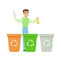 Man Throwing Banana Skin In One Of Three Recycling Waste Bins , Contributing Into Environment Preservation By Using Eco