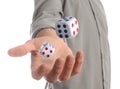 Man throwing dice on white background, closeup Royalty Free Stock Photo