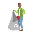 Man Throwing The Dust Into Trash Bag, Cartoon Adult Characters Cleaning And Tiding Up