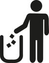 Man throwing garbage in bin. Pictogram.