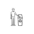 Man throwing garbage in a trash bin hand drawn icon. Royalty Free Stock Photo