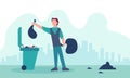 Man throwing out waste and recycling garbage. Rubbish trash bin and environment clean vector illustration. Ecology basket recycle