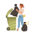 Man throwing plastic bag into trash bin. Househusband doing daily routine cartoon vector illustration Royalty Free Stock Photo