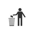 Man throwing trash into dust bin icon isolated. Recycle symbol. Flat design