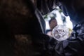 Man throws garbage into a garbage can on the street. With a worm view from the inside of the trash bin. Selective focus Royalty Free Stock Photo