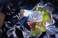 Man throws garbage into a garbage can on the street. With a worm view from the inside of the trash bin. Selective focus Royalty Free Stock Photo