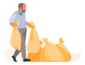 Man throws plastic bags to pile. Garbage stockpile