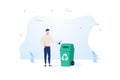 Man throws a plastic bottle into the trash can. The concept of caring for the environment and sorting garbage. Vector